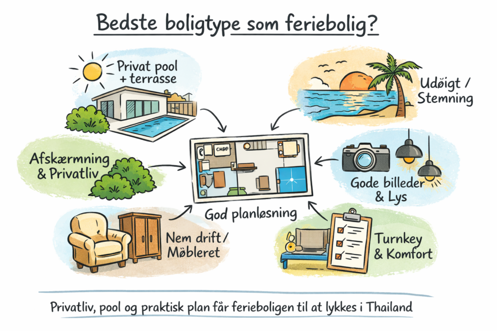 Illustration showing what performs best for a holiday rental in Thailand: private pool, privacy/screening, view/atmosphere, great photos/lighting, smart layout, and easy operations/turnkey.