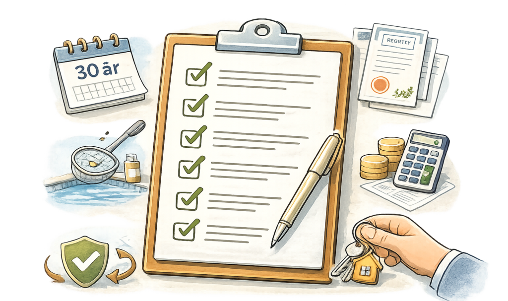 Kuva Thaimaan vuokrasopimuksen tarkistuslistasta, jossa on rasti ruuduille kesto, rekisteröinti, vuokraukset, ylläpito ja siirto.