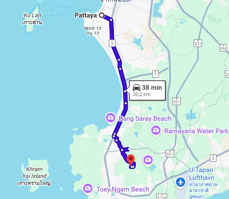 Etäisyys Pattayan keskustaan