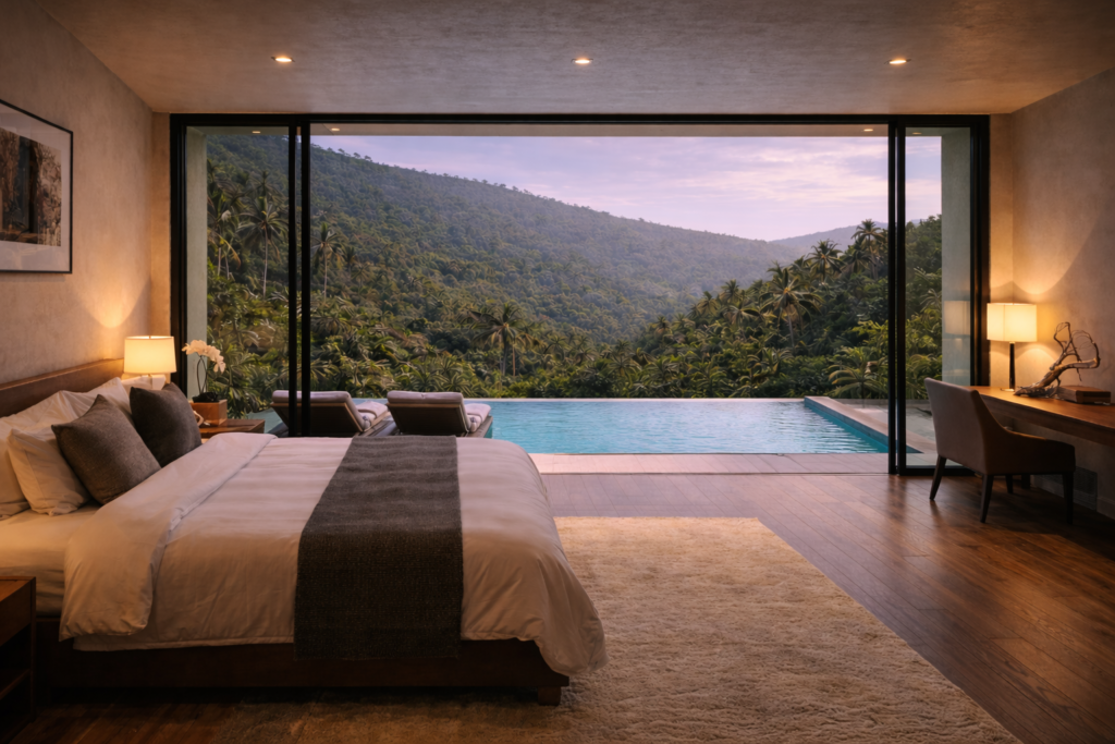 Päämakuuhuone uima-allasnäköalalla - alakerta - uima-allasvilla myytävänä Sattahipissa