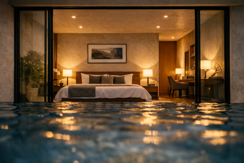 Päämakuuhuone uima-altaalta päin - uima-allashuvila myytävänä Sattahipissa