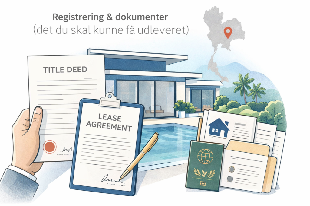 Kuvitus vuokraoikeuden rekisteröinnistä ja asiakirjoista Thaimaassa: omistusoikeustodistus, vuokrasopimus, passi ja kiinteistöpaperit huvilan edessä.