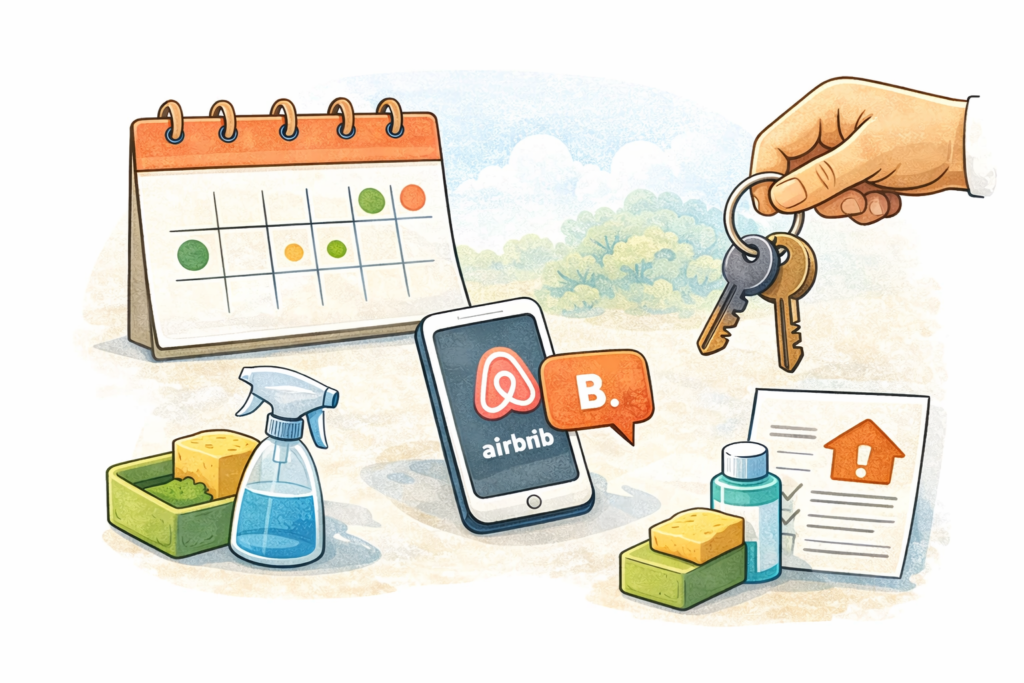 Illustration of renting out under leasehold in Thailand with a calendar, key handover, house rules and operations (cleaning/check-in).