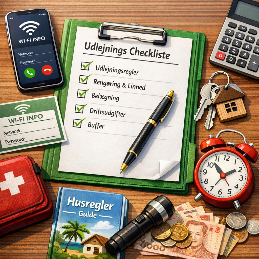 Kuva tarkistuslistasta ennen vuokraamista Thaimaassa: talon säännöt, siivous, sisäänkirjautuminen, toiminta, käyttöaste ja puskuri.