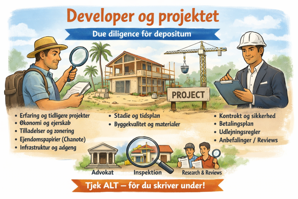 Esimerkki due diligence -menettelystä ennen vuokrasopimuksen solmimista Thaimaassa: rakennuttaja, omistajuus, luvat, sopimus, maksusuunnitelma ja vuokraussäännöt.