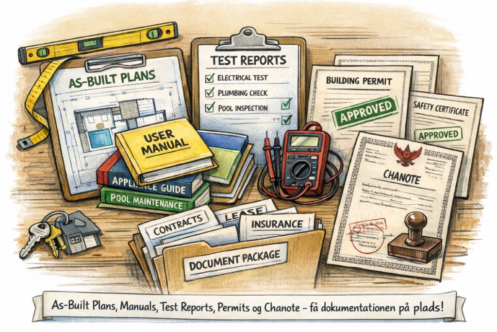 Lupien ja dokumentaation havainnollistaminen Thaimaassa: toteumapiirustukset, käsikirjat, testit, hyväksynnät ja käyttö-/vuokrausasiakirjapaketti.